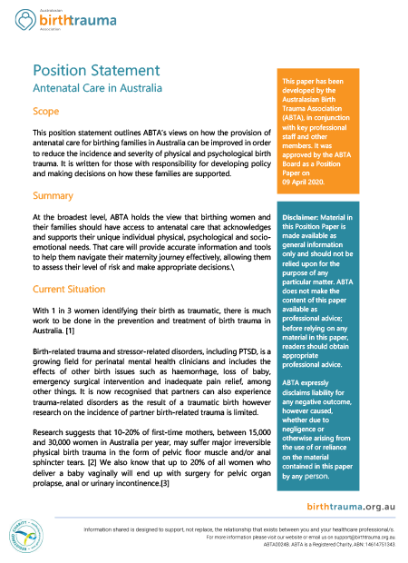 Antenatal care in Australia, positional statement