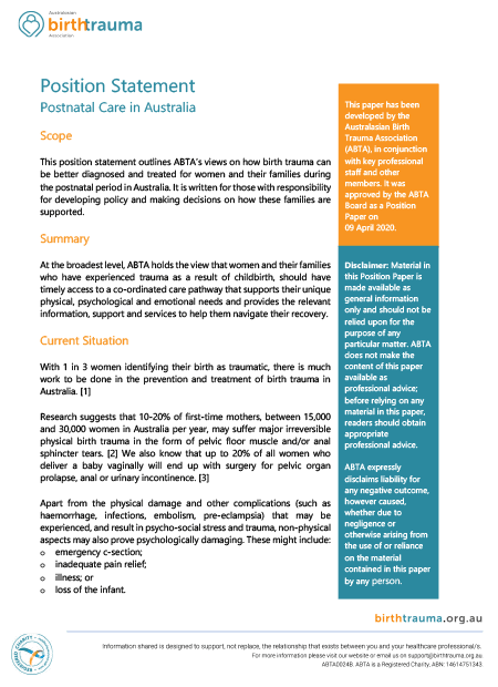 Postnatal care in Australia, positional statement
